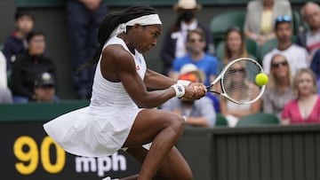 Coco Gauff of the U.S. plays a return to Germany's Angelique Kerber during the women's singles fourth round match of the Wimbledon Tennis Championships