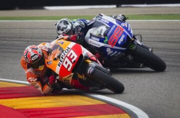 Jorge Lorenzo, Marc Márquez durante el Gran Premio de Aragón de Motociclismo que se ha disputado hoy en el circuito de Motorland de Alcañiz (Teruel). 