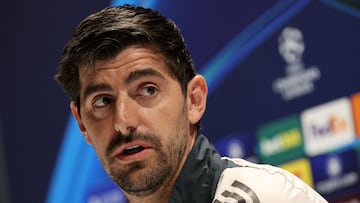 Real Madrid's Belgian goalkeeper #01 Thibaut Courtois speaks during a press conference at the Emirates stadium in London on April 7, 2025, on the eve of their UEFA Champions League Quarter-final first leg football match against Arsenal. (Photo by Adrian Dennis / AFP)