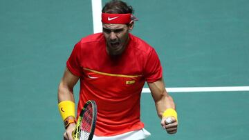 MADRID, SPAIN - NOVEMBER 24: Rafael Nadal of Spain celebrates in his singles final match against Denis Shapovalov of Canada during Day Seven of the 2019 Davis Cup at La Caja Magica on November 24, 2019 in Madrid, Spain. (Photo by Clive Brunskill/Getty Images)