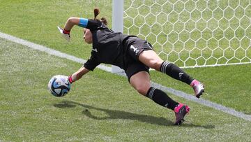 AUCKLAND, NEW ZEALAND - FEBRUARY 22: Christiane Endler of Chile saves the penalty shot during the 2023 FIFA World Cup Play Off Tournament match between Chile and xxxx at North Harbour Stadium on February 22, 2023 in Auckland, New Zealand. (Photo by Fiona Goodall - FIFA/FIFA via Getty Images)