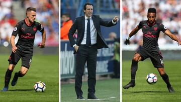 El nuevo entrenador del Arsenal, Unai Emery, Pierre-Emerick Aubameyang y Aaron Ramsey.