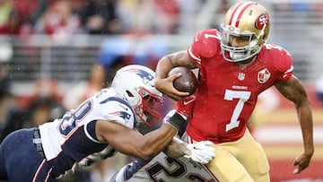 SANTA CLARA, CA - NOVEMBER 20: Colin Kaepernick #7 of the San Francisco 49ers is sacked by Patrick Chung #23 of the New England Patriots during their NFL game at Levi's Stadium on November 20, 2016 in Santa Clara, California. Ezra Shaw/Getty Images/AFP
== FOR NEWSPAPERS, INTERNET, TELCOS & TELEVISION USE ONLY ==