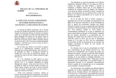 La Fiscalía acusa a Mourinho de defraudar 3,3M€ a Hacienda