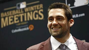 Boston Red Sox pitcher Nathan Eovaldi attends the Major League Baseball winter meetings, Monday, Dec. 10, 2018, in Las Vegas. (AP Photo/John Locher)