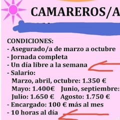 Una oferta de trabajo para camarero, un día libre y 10 horas: “Luego no se encuentran trabajadores...”