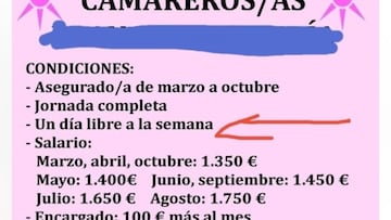 Una oferta de trabajo para camarero, un día libre y 10 horas: “Luego no se encuentran trabajadores...”