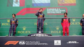 Oracle Red Bull Racing Mexican rider Sergio Perez, Oracle Red Bull Racing Dutch rider Max Verstappen and Scuderia Ferrari Spanish rider Carlos Sainz Jr. celebrate on the podium after winning the F1 Grand Prix of Belgium auto race, in Spa-Francorchamps, Sunday 28 August 2022. The Spa-Francorchamps Formula One Grand Prix takes place this weekend, from August 26th to August 28th. BELGA PHOTO VIRGINIE LEFOUR (Photo by VIRGINIE LEFOUR / BELGA MAG / Belga via AFP) (Photo by VIRGINIE LEFOUR/BELGA MAG/AFP via Getty Images)