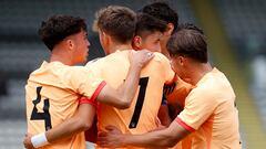 Los jugadores del Atlético celebran un gol al Brujas en la Youth League.