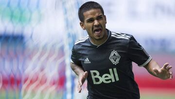 Vancouver Whitecaps' Cristian Techera celebrates his second goal against the New England Revolution during the second half of MLS soccer game action in Vancouver, British Columbia, Saturday, May 26, 2018. (Darryl Dyck/The Canadian Press via AP)