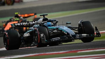 Mercedes' British driver George Russell races during the Bahrain Formula One Grand Prix at the Bahrain International Circuit in Sakhir on April 13, 2025. (Photo by Giuseppe CACACE / AFP)