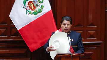 Lima (Peru), 28/07/2021.- A handout photo made available by the Presidency of Peru shows Pedro Castillo during his speech at the Investiture ceremony as head of State, in Lima, Peru, 28 July 2021. Pedro Castillo assumed today the Presidency of Peru for the period 2021-2026. EFE/EPA/Presidency of Peru HANDOUT ONLY AVAILABLE TO ILLUSTRATE THE ACCOMPANYING NEWS (MANDATORY CREDIT) HANDOUT EDITORIAL USE ONLY/NO SALES HANDOUT EDITORIAL USE ONLY/NO SALES