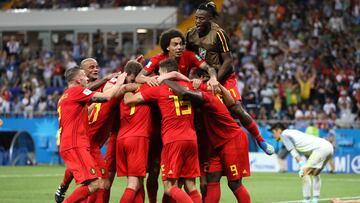 ROSTOV-ON-DON, RUSSIA - JULY 02:  Nacer Chadli of Belgium celebrates after scoring his team&#039;s third goal with team mates during the 2018 FIFA World Cup Russia Round of 16 match between Belgium and Japan at Rostov Arena on July 2, 2018 in Rostov-on-Do