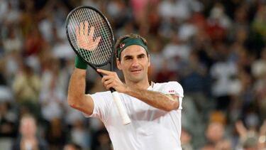 (FILES) In this file photo taken on February 7, 2020 Switzerland's Roger Federer reacts after his victory against Spain's Rafael Nadal during their tennis match at The Match in Africa at the Cape Town Stadium, in Cape Town. - Roger Federer has undergone s