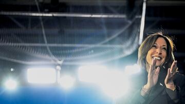 Democratic presidential nominee U.S. Vice President Kamala Harris applauds during a campaign rally at Little Chute High School in Little Chute, Wisconsin, U.S., November 1, 2024. REUTERS/Vincent Alban