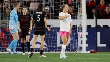 Sep 30, 2023; Portland, Oregon, USA; San Diego Wave FC forward Kyra Carusa (19) celebrates her goal against the Portland Thorns FC at Providence Park. Mandatory Credit: Soobum Im-USA TODAY Sports