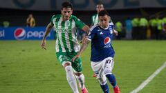 Santiago Montoya ante la marca de Gonzalo Castellani en el partido de ida de la Superliga &Aacute;guila 2018 entre Millonarios y Nacional