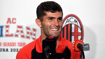 LOS ANGELES, CALIFORNIA - JULY 22: Christian Pulisic of AC Milan during a news conference after a training session at BMO Stadium on July 22, 2023 in Los Angeles, California.   Kevork Djansezian/Getty Images/AFP (Photo by KEVORK DJANSEZIAN / GETTY IMAGES NORTH AMERICA / Getty Images via AFP)
