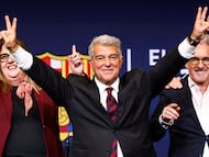 Soccer Football - FC Barcelona elections - Barcelona, Spain - March 16, 2026 Joan Laporta celebrates his victory after being re-elected as FC Barcelona president alongside his board members REUTERS/Albert Gea TPX IMAGES OF THE DAY