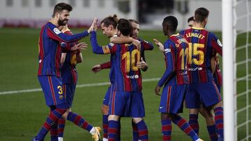 BARCELONA, SPAIN - NOVEMBER 07: Lionel Messi of FC Barcelona celebrates with teammates after scoring his team&#039;s third goal during the La Liga Santader match between FC Barcelona and Real Betis at Camp Nou on November 07, 2020 in Barcelona, Spain. Spo