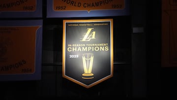The Los Angeles Lakers 2023 In-Season Tournament Championship banner is unveiled at the Crypto.com Arena.