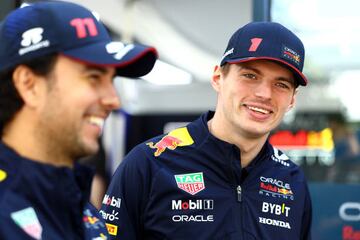 MELBOURNE, AUSTRALIA - APRIL 02: Max Verstappen of the Netherlands and Oracle Red Bull Racing and Sergio Perez of Mexico and Oracle Red Bull Racing look on in the Paddock prior to the F1 Grand Prix of Australia at Albert Park Grand Prix Circuit on April 02, 2023 in Melbourne, Australia. (Photo by Mark Thompson/Getty Images)