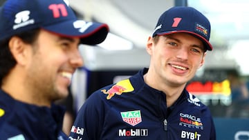 MELBOURNE, AUSTRALIA - APRIL 02: Max Verstappen of the Netherlands and Oracle Red Bull Racing and Sergio Perez of Mexico and Oracle Red Bull Racing look on in the Paddock prior to the F1 Grand Prix of Australia at Albert Park Grand Prix Circuit on April 02, 2023 in Melbourne, Australia. (Photo by Mark Thompson/Getty Images)