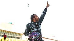 Mercedes&#039; British driver Lewis Hamilton celebrates winning the Tuscany Formula One Grand Prix at the Mugello circuit in Scarperia e San Piero on September 13, 2020. (Photo by Bryn Lennon / POOL / AFP)