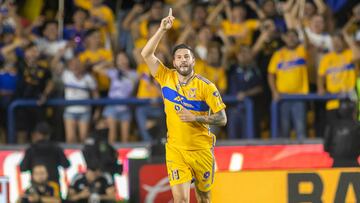 Tigres' Andre-Pierre Gignac celebrates after scoring against Leon during their Mexican Apertura 2023 football tournament match at the Universitario stadium in Monterrey, Mexico, on July 15, 2023. (Photo by Julio Cesar AGUILAR / AFP)