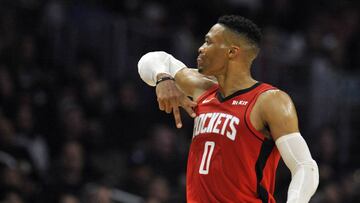 December 19, 2019; Los Angeles, CA, USA; Houston Rockets guard Russell Westbrook (0) reacts after scoring a three point basket against the Los Angeles Clippers during the second half at Staples Center. Mandatory Credit: Gary A. Vasquez-USA TODAY Sports