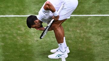 Serbia's Novak Djokovic celebrates winning against Russia's Andrey Rublev during their men's singles quarter-finals tennis match on the ninth day of the 2023 Wimbledon Championships at The All England Tennis Club in Wimbledon, southwest London, on July 11, 2023. (Photo by SEBASTIEN BOZON / AFP) / RESTRICTED TO EDITORIAL USE