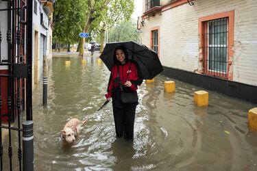 Calles anegadas de agua tras las lluvias torrenciales en la jornada de hoy en Sevilla.