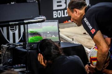 Referee Antonio Mateu Lahoz during a VAR review in a pre-season friendly between Valencia and Bayer Leverkusen.