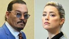 (COMBO) This combination of pictures created on June 1, 2022 shows US Actor Johnny Depp (L) attending the trial at the Fairfax County Circuit Courthouse in Fairfax, Virginia, on May 24, 2022 and US actress Amber Heard looking on in the courtroom at the Fairfax County Circuit Courthouse in Fairfax, Virginia, on May 24, 2022. - US actress Amber Heard said she was disappointed "beyond words" on June 1, 2022 after a jury found she had made defamatory claims of abuse against her ex-husband Johnny Depp, calling it a "setback" for women. (Photo by JIM WATSON / POOL / AFP) (Photo by JIM WATSON/POOL/AFP via Getty Images)