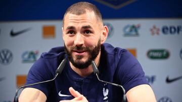 France&#039;s forward Karim Benzema speaks during a press conference ahead of a friendly football match against Wales on June 2, as part of the team&#039;s preparation for the upcoming 2020 EUFA Euro football tournament, in Clairefontaine-en-Yvelines on M