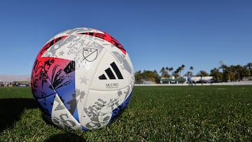 INDIO, CA - FEBRUARY 06:  A general detail view of the MLS logo on the Adidas White 2023 MLS Speedshell Pro Ball during the MLS Pre-Season 2023 Coachella Valley Invitational match between D.C. United v LAFC at Empire Polo Club on February 6, 2023 in Indio, California. (Photo by Matthew Ashton - AMA/Getty Images)