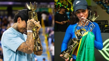 Nyjah Huston y Rayssa Leal con sus trofeos de la Street League Skateboarding SuperCrown 2024.