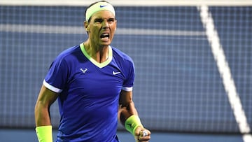 WASHINGTON, DC - AUGUST 04: Rafael Nadal of Spain reacts during a match against Jack Sock of the United States on Day 5 during the Citi Open at Rock Creek Tennis Center on August 4, 2021 in Washington, DC.   Mitchell Layton/Getty Images/AFP
 == FOR NEWSPAPERS, INTERNET, TELCOS &amp; TELEVISION USE ONLY ==