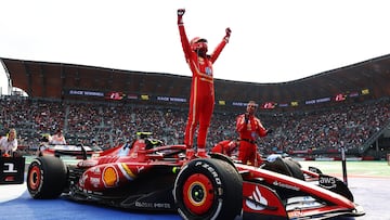 MEXICO CITY, MEXICO - OCTOBER 27: Race winner Carlos Sainz of Spain and Ferrari celebrates in parc ferme during the F1 Grand Prix of Mexico at Autodromo Hermanos Rodriguez on October 27, 2024 in Mexico City, Mexico. (Photo by Bryn Lennon - Formula 1/Formula 1 via Getty Images)