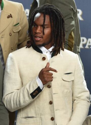 Bayern Munich's Portuguese midfielder Renato Sanches dresses in typical Bavarian clothes waits prior to a group photo of the German first division Bundesliga football club FC Bayern Munich at the set of a beer advertising photo shoot of in Munich, souther