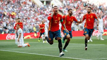 Soccer Football - World Cup - Round of 16 - Spain vs Russia - Luzhniki Stadium, Moscow, Russia - July 1, 2018 Spain's Sergio Ramos celebrates with team mates after Russia's Sergei Ignashevich scored an own goal and the first goal for Spain REU