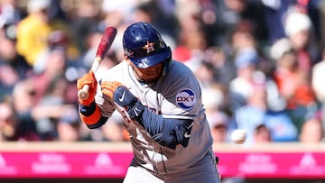 MINNEAPOLIS, MINNESOTA - APRIL 05: Isaac Paredes #15 of the Houston Astros is hit by a pitch against the Minnesota Twins in the seventh inning at Target Field on April 05, 2025 in Minneapolis, Minnesota. The Twins defeated the Astros 6-1. David Berding/Getty Images/AFP (Photo by David Berding / GETTY IMAGES NORTH AMERICA / Getty Images via AFP)