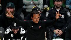 May 17, 2023; Boston, Massachusetts, USA; Miami Heat head coach Erik Spoelstra during the second quarter against the Boston Celtics in game one of the Eastern Conference Finals for the 2023 NBA playoffs at TD Garden. Mandatory Credit: Paul Rutherford-USA TODAY Sports