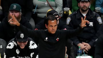 May 17, 2023; Boston, Massachusetts, USA; Miami Heat head coach Erik Spoelstra during the second quarter against the Boston Celtics in game one of the Eastern Conference Finals for the 2023 NBA playoffs at TD Garden. Mandatory Credit: Paul Rutherford-USA TODAY Sports