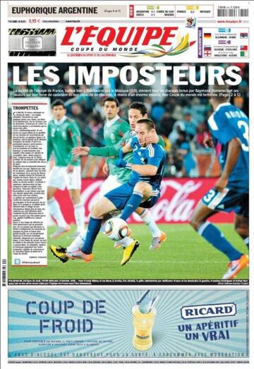 Portada de L&#039;Equipe dos d&iacute;as despu&eacute;s de perder con M&eacute;xico.