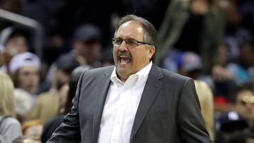 CHARLOTTE, NC - FEBRUARY 25: Head coach Stan Van Gundy of the Detroit Pistons reacts after a call against the Charlotte Hornets during their game at Spectrum Center on February 25, 2018 in Charlotte, North Carolina. NOTE TO USER: User expressly acknowledges and agrees that, by downloading and or using this photograph, User is consenting to the terms and conditions of the Getty Images License Agreement.   Streeter Lecka/Getty Images/AFP
 == FOR NEWSPAPERS, INTERNET, TELCOS &amp; TELEVISION USE ONLY ==