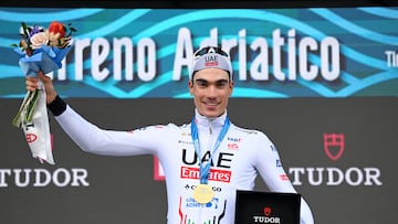 LIDO DI CAMAIORE, ITALY - MARCH 04: Juan Ayuso of Spain and UAE Emirates Team celebrates at podium as stage winner during the 59th Tirreno-Adriatico 2024, Stage 1 a 10km individual trial time from Lido di Camaiore to Lido di Camaiore / #UCIWT / on March 04, 2024 in Lido di Camaiore, Italy. (Photo by Tim de Waele/Getty Images)