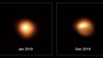 (FILES) In this file photo taken on February 14, 2020 This handout photograph released by The European Southern Observatory (ESO) on February 14, 2020, shows the red supergiant star Betelgeuse, in the constellation of Orion, which has been undergoing unpr