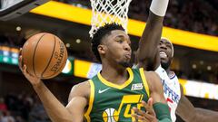 Feb 27, 2019; Salt Lake City, UT, USA; Utah Jazz guard Donovan Mitchell (45) looks to pass the ball against LA Clippers forward Montrezl Harrell (5) during the second half at Vivint Smart Home Arena. Mandatory Credit: Russ Isabella-USA TODAY Sports