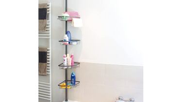 Gana espacio en el baño con esta estantería para ducha con cuatro cestas y fácil de montar (sin agujeros)